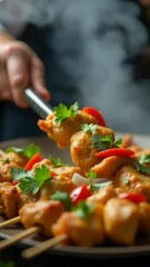 Poster - A plate of chicken skewers served on a table with a modern kitchen background