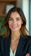Poster - A professional woman in a business suit smiling directly into the camera, conveying confidence and friendliness