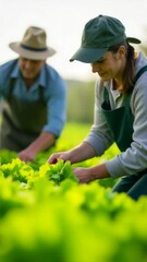 Poster - Couple working in a large field of crisp lettuce, with plenty of green leaves and soil