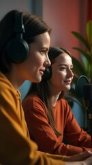 Poster - Two women seated together with microphone, perfect for presentations, interviews or live performances