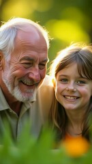 Poster - A kind-hearted older man and a young girl share a warm moment, smiling together in front of the camera