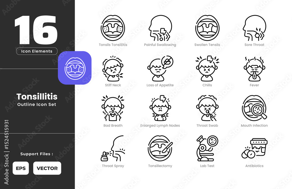 Vektor Tonsillitis Symptoms Icon Set Collection - Outline Line Art ...
