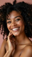 Poster - A woman with curly hair holds a cell phone to her ear, smiling