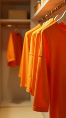 Aufkleber - A row of orange shirts hanging on a rack