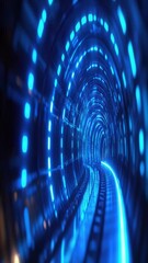 Poster - A train enters a dark tunnel lit by bright blue lights, ideal for transportation or infrastructure themes