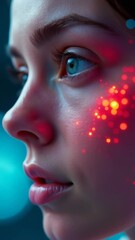 Poster - Close-up shot of a person's face lit by a red light, suitable for use in drama or thriller scenes