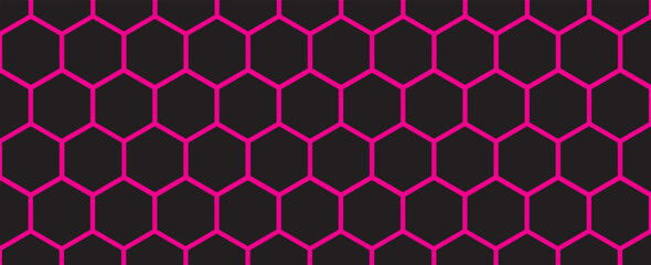 Poster - Dark hexagon abstract technology background pink colored bright flashes under hexagon. Hexagonal gaming vector tech illustration black abstract background.