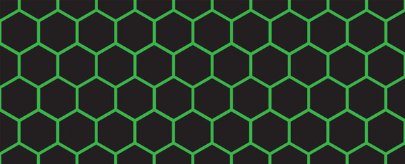 Poster - Dark hexagon abstract technology background green colored bright flashes under hexagon. Hexagonal gaming vector tech illustration black abstract background.