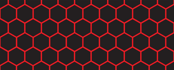 Poster - Dark hexagon abstract technology background red colored bright flashes under hexagon. Hexagonal gaming vector tech illustration black abstract background.