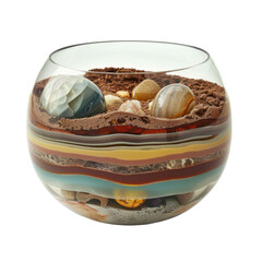 Poster - Beautifully layered terrarium featuring colorful stones and soil, showcasing harmonious blend of textures and colors. This decorative piece adds touch of nature to any space