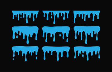 Poster - nine dripping blue shapes on black background abstract design element for creative projects and grap