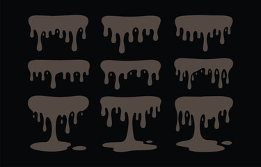 Poster - nine dripping chocolate shapes on black background showing different stages of drip and flowing liqu
