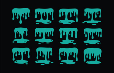 Poster - A Graphic Pattern of Dripping Turquoise Shapes on a Black Background Repeated in a Grid Formation The