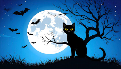 a black cat sits under a bare tree silhouetted against a large full moon and starry night sky, with 