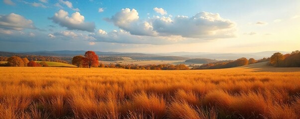 Poster - Vast, open fields stretch to the horizon, marked by the changing colors of autumn The seasonal shift is palpable, a breathtaking panorama of nature's artistry , sky, beauty, harvest
