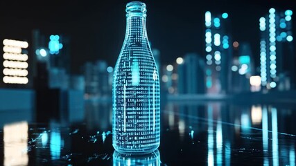 Digital code displayed on a bottle, city lights blurred background