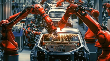 Poster - Automated robotic arms assembling car frames in a high-tech automotive manufacturing plant
