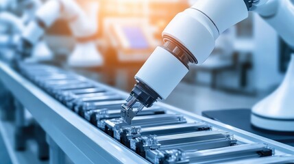 Poster - Automated robotic arm poised over a conveyor belt in an advanced industrial assembly line
