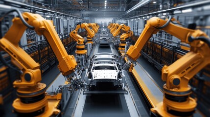 Poster - Automotive production line with vehicle chassis being moved through multiple robotic stations