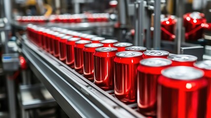 Poster - Beverage factory with conveyor belts transporting cans through filling and packaging areas