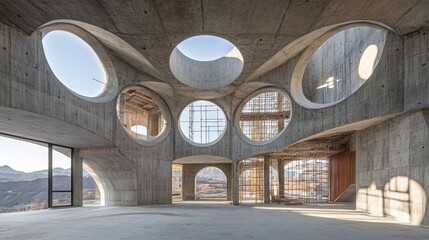 Poster - Cement structure with cutouts for windows and doors under scaffolding