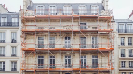 Poster - Construction scaffolding reaching several stories up the side of an urban building