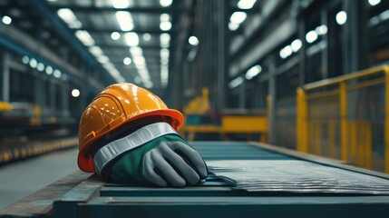 Poster - Empty workstation with safety helmet, gloves, and reflective vest neatly arranged on a workbench inside an industrial facility