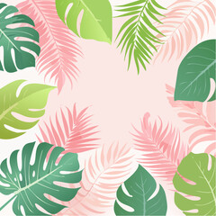 Aufkleber - A vibrant tropical pattern featuring monstera, banana, and palm leaves repeating in a flat, modern vector style with rich green and pink tones.