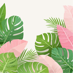 Aufkleber - A vibrant tropical pattern featuring monstera, banana, and palm leaves repeating in a flat, modern vector style with rich green and pink tones.
