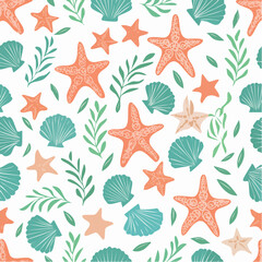 Aufkleber - A dynamic underwater pattern with starfish, jellyfish, seaweed, and shells rendered in refreshing aqua and coral shades in flat vector style.