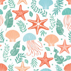 Aufkleber - A dynamic underwater pattern with starfish, jellyfish, seaweed, and shells rendered in refreshing aqua and coral shades in flat vector style.