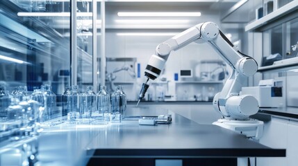 Poster - Industrial robotics lab with mechanical arms and automated conveyors awaiting operation
