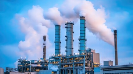 Poster - Large-scale industrial facility with multiple chimneys emitting steam under overcast sky, no people visible