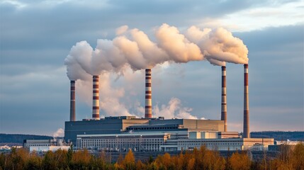 Poster - Large-scale industrial facility with multiple chimneys emitting steam under overcast sky, no people visible