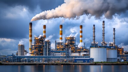 Poster - Large-scale industrial facility with multiple chimneys emitting steam under overcast sky, no people visible