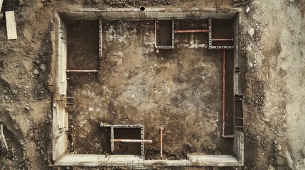 Poster - Quiet residential construction site showing floor layout with plumbing pipes installed