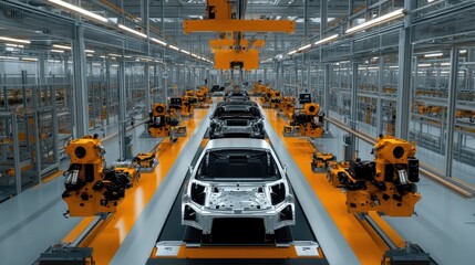 Poster - Synchronized machinery assembling car frames on a modern automotive production line