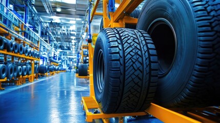 Poster - Tire manufacturing facility with stacked rubber components and production stations
