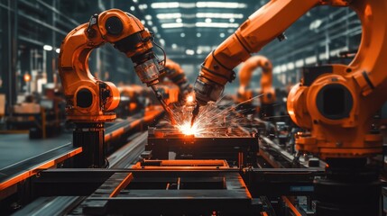 Poster - View of an industrial robotic welding system surrounded by safety shields and sensors