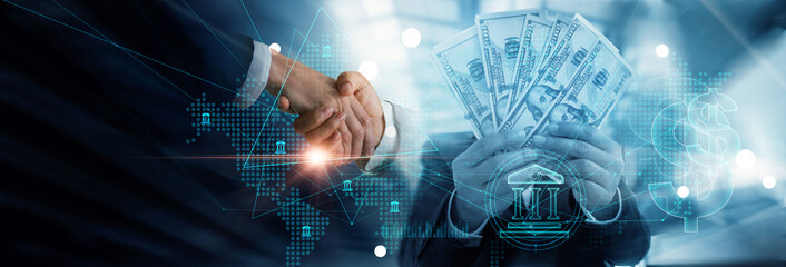 Leinwandbilder - Business finance and investment, Financial Business Cooperation, Investor hands holding money cash with business graph growth finance and banking, Exchange currency, Stock market and financial.