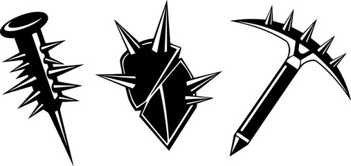 Three sharp objects with spikes in black and white