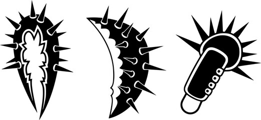 Three sharp objects with spikes in black and white