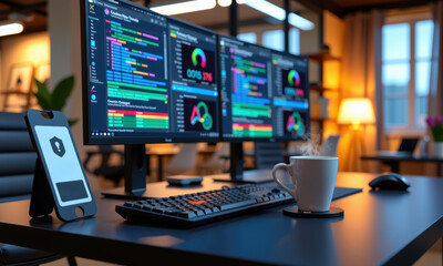 modern desk setup with coding screens and coffee