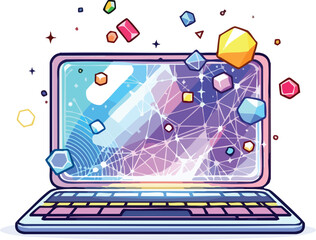 Poster - Colorful laptop illustration with geometric shapes and abstract design elements..
