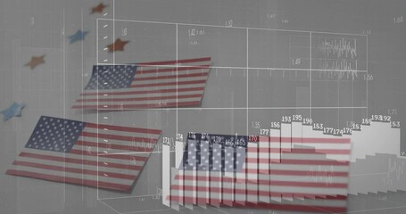 Poster - Three flag stickers and stars, grid fading causing waveform extending and bars rising showing trend