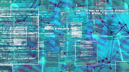 Aufkleber - Panels emerging over aqua initiating network, linking nodes, scrolling code, representing data flow