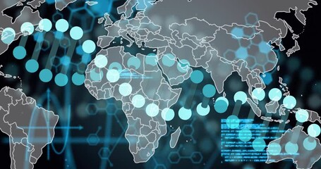 Poster - Interface opening showing world map, sine wave pulsing, code sliding and circles tracing data flow