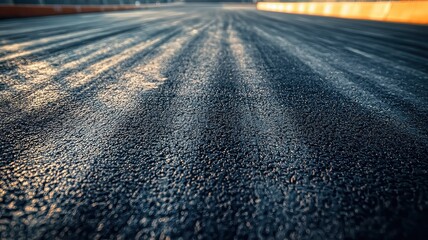 Wall Mural - a close-up view of an empty f1 track showcasing the textured asphalt and reflections in the sunlight