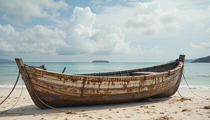  Old Wooden Fishing Boat on Tropical Beach