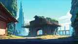 ゲーム背景　未来都市の古い見張り代がある風景